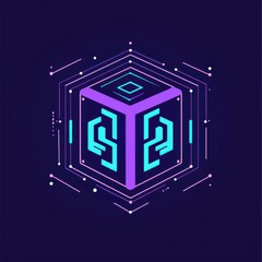 Poster - a vibrant digital cube with neon blue and purple lights against a dark background, symbolizing techn