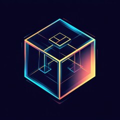 Poster - A vibrant, futuristic 3D cube design with glowing lines and angles in neon colors against a dark background.