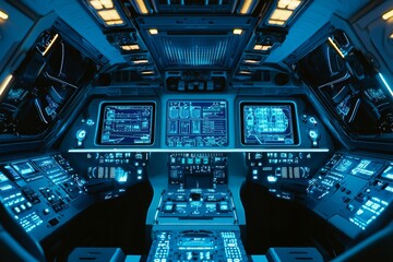 The interior of a spaceship, the cockpit features blue lights and numerous buttons and screens. 