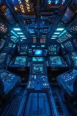 The interior of a spaceship, the cockpit features blue lights and numerous buttons and screens. 