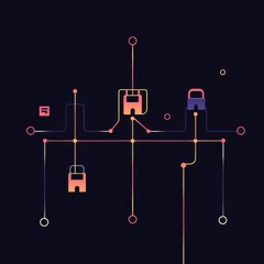 Aufkleber - Abstract digital design featuring colorful locks and interconnected lines on a dark background.