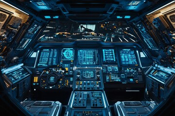 The interior of a spaceship, the cockpit features blue lights and numerous buttons and screens. 