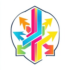 Poster - Colorful geometric logo with arrows representing movement and direction, featuring vibrant hues on a clean background.