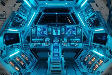 The interior of a spaceship, the cockpit features blue lights and numerous buttons and screens. 