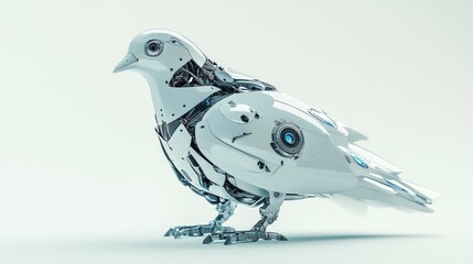 Poster - A small robotic pigeon with detailed wings and a smooth metallic body, positioned against a clean, light-colored background.