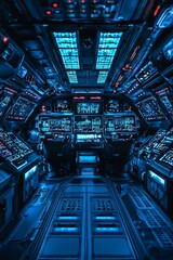 The interior of a spaceship, the cockpit features blue lights and numerous buttons and screens. 
