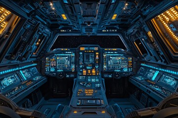 The interior of a spaceship, the cockpit features blue lights and numerous buttons and screens. 
