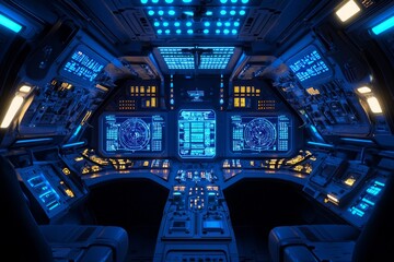 The interior of a spaceship, the cockpit features blue lights and numerous buttons and screens. 