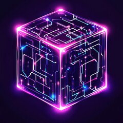 Poster - A vibrant neon cube with glowing circuitry, exuding a futuristic and digital feel.