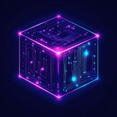 Fototapete - A glowing cube design featuring neon circuitry in vibrant pink and blue hues against a dark background.