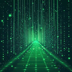 Poster - Vibrant green digital tunnel with glowing particles, creating a futuristic and immersive atmosphere.