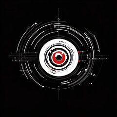 Poster - Futuristic abstract design with circular patterns in red, white, and black on a dark background.