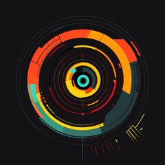 Poster - Colorful circular abstract design featuring vibrant hues of red, yellow, and turquoise on a black background.