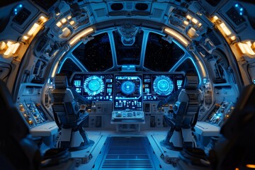 The interior of a spaceship, the cockpit features blue lights and numerous buttons and screens. 