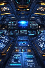 The interior of a spaceship, the cockpit features blue lights and numerous buttons and screens. 