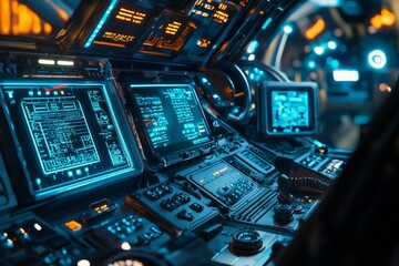 The interior of a spaceship, the cockpit features blue lights and numerous buttons and screens. 