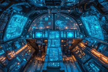 The interior of a spaceship, the cockpit features blue lights and numerous buttons and screens. 