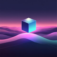 Poster - A vibrant, glowing cube floats over undulating waves in a surreal, dreamlike landscape.