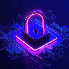 Poster - A futuristic digital padlock with glowing neon accents on a tech background.