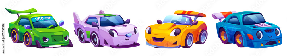 Race car characters set isolated on white background. Vector cartoon ...