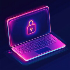 Poster - A stylized laptop with a glowing padlock icon, symbolizing digital security in a vibrant neon atmosphere.