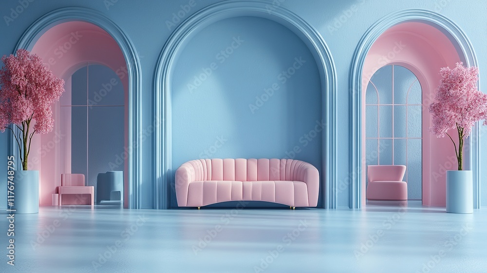 A modern interior space featuring pink furniture and archways with ...