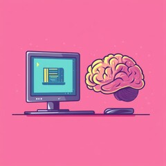 Poster - A colorful illustration of a computer next to a brain, symbolizing the fusion of technology and intelligence.