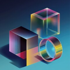 Poster - Colorful geometric shapes with a luminous sheen against a dark background, showcasing modern design elements.