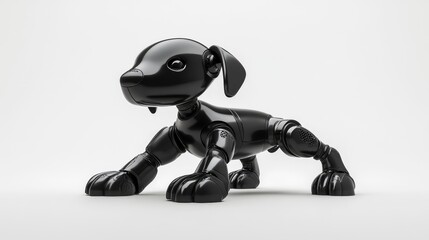 Poster - Compact robot dog with a matte black finish and articulated limbs, posed against a seamless light gray background.