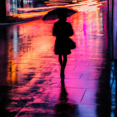 A silhouette of a person in motion captured on a rainy city street at sunset, the wet pavement reflecting streaks of pink and orange light, an umbrella in hand