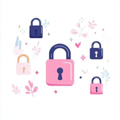 Poster - Colorful illustration of padlocks surrounded by decorative elements, symbolizing security and protection.