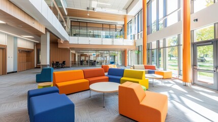 Poster - Collaborative learning space emphasizing accessibility modern architecture indoor environment open design educational innovation