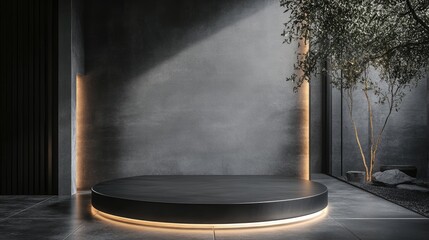 Leinwandbilder - Elevated circular stage in matte gray with a glowing outline, set in a futuristic minimalist environment.