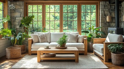 Cozy living room with natural light, plants, and wooden furniture.