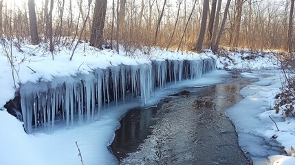Poster - Icicles forming along the edge of a freezing stream, cold water still flowing beneath the growing ice layers.