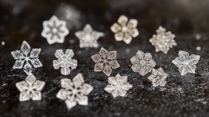 Poster - Macro shot of snowflakes clustered on a cold surface, delicate and intricate patterns under soft ambient lighting.