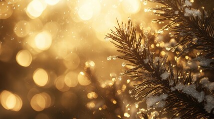 Poster - Macro shot of snow-covered pine needles, delicate ice crystals shimmering in sunlight against a blurred background.