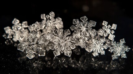 Poster - Macro shot of snowflakes clustered on a cold surface, delicate and intricate patterns under soft ambient lighting.