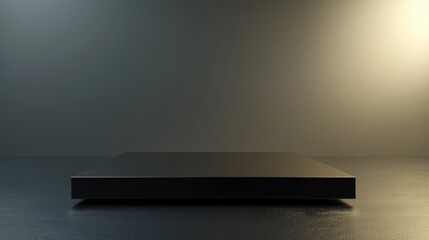 Poster - Minimalist rectangular platform with a reflective black surface, surrounded by a neutral gray background with soft lighting.