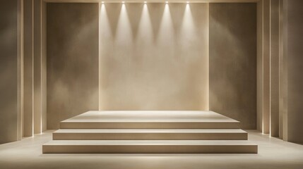 Leinwandbilder - Minimalist stage design with a stepped platform in soft beige, clean backdrop, and gentle spotlight for modern presentations.