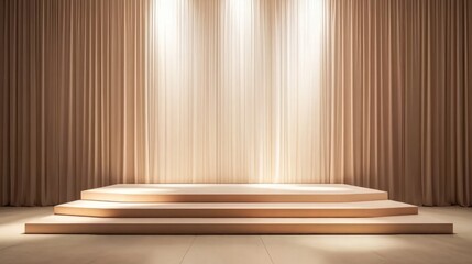 Leinwandbilder - Minimalist stage design with a stepped platform in soft beige, clean backdrop, and gentle spotlight for modern presentations.