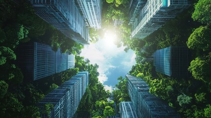 Poster - Sustainable cybersecurity strategies for urban environments modern cityscapes educational content eco-friendly perspectives aerial view focus on sustainability