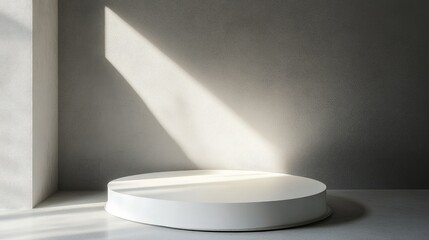 Leinwandbilder - Minimalist white circular performance platform with soft spotlight overhead, set against a clean gray background, sleek and modern.
