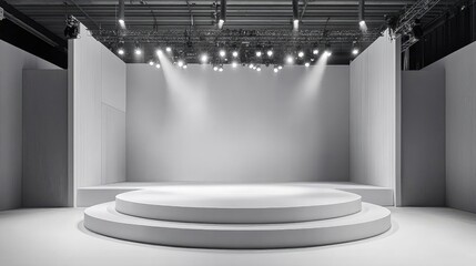 Leinwandbilder - Minimalist white circular performance platform with soft spotlight overhead, set against a clean gray background, sleek and modern.