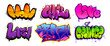 © klyaksun - Graffiti cartoon text designs with gradient color schemes. Modern street art words decorated with drips, splatters, outlines, skull elements and bubble style letters. Urban wall art typography.