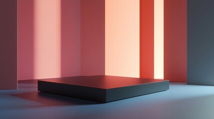 Poster - Rectangular minimalist stage with smooth black surface, surrounded by ambient soft lighting on a neutral background.