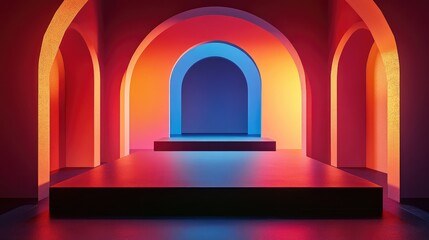 Poster - Rectangular minimalist stage with smooth black surface, surrounded by ambient soft lighting on a neutral background.