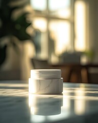 Poster - Elegant white marble skincare container in soft natural light, creating a serene atmosphere.