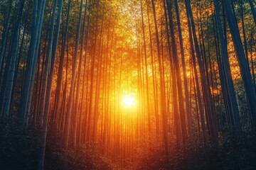 Poster - A breathtaking sunset filters through a serene bamboo forest, casting warm hues of orange and gold, evoking peace and natural beauty in this tranquil landscape.