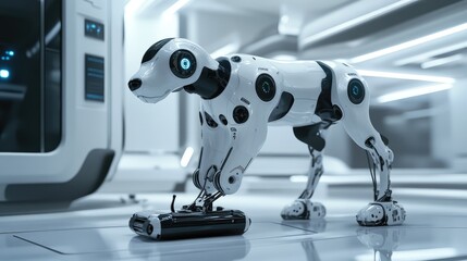 Poster - Robot dog charging at a futuristic docking station, surrounded by minimal design elements and a neutral white setting.
